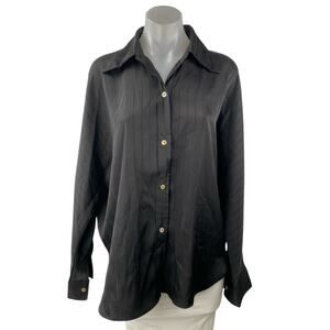 Commense Women's Black Silk Satin Striped Long Sleeve Button Down Shirt Top Sz S
